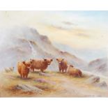 Milwyn Holloway - Highland cattle in a misty landscape, polychrome enamel porcelain plaque, signed