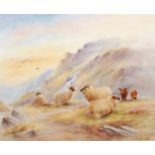 Milwyn Holloway - Highland cattle and sheep in a misty landscape, polychrome enamel on porcelain