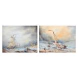 Lynton Porcelain Company - Pair; Clipper ships in trouble, each signed by Stefan Nowacki, polychrome