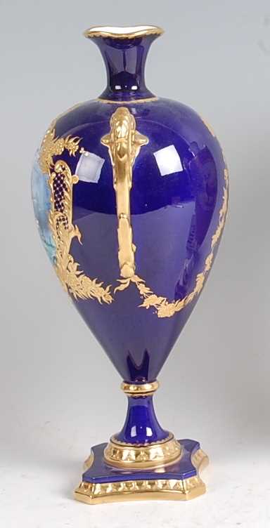 A Lynton Porcelain Co pedestal twin handled vase, of slender baluster form, polychrome enamel - Image 2 of 4