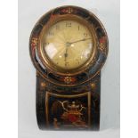 A circa 1900 chinoiserie black lacquered droptrunk wall clock, of small proportions, having engine