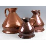 A matched set of nine Victorian copper graduated harvest jugs, from four gallons down to half