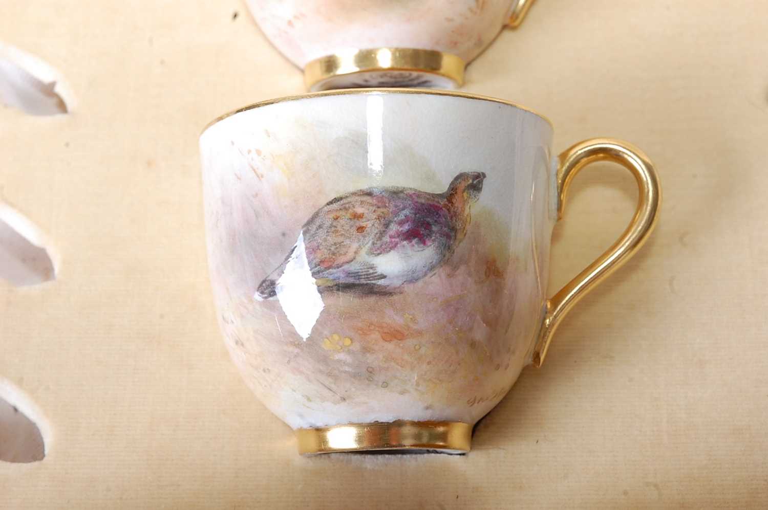 A Royal Worcester cased set of six porcelain coffee cans and saucers, each decorated with ducks - Image 9 of 13