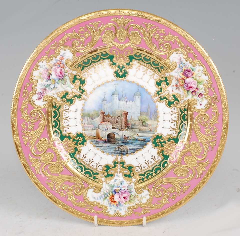 A Lynton Porcelain Company cabinet plate, the central ground decorated with a scene of the Tower