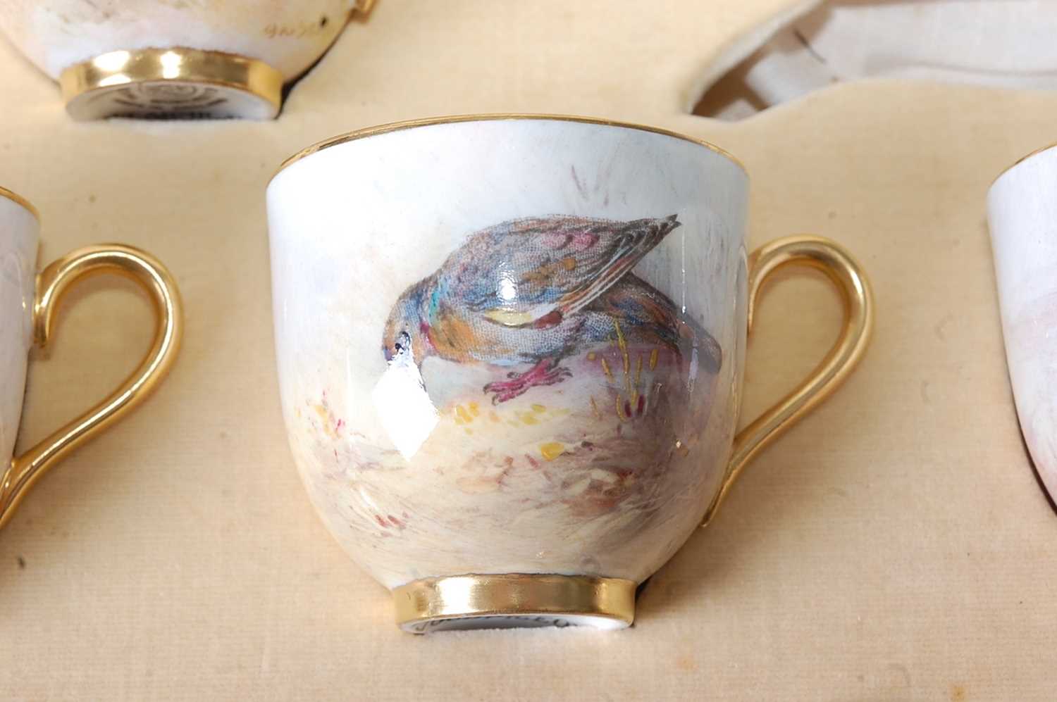 A Royal Worcester cased set of six porcelain coffee cans and saucers, each decorated with ducks - Image 7 of 13