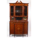 A Sheraton Revival fiddleback mahogany and marquetry inlaid breakfront side cabinet by Edwards &