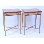 A pair of satin birch and parquetry topped side tables, each with rosewood crossbanding and a single