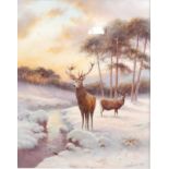 Milwyn Holloway - Stag in a winter landscape, polychrome enamel on porcelain plaque, signed and