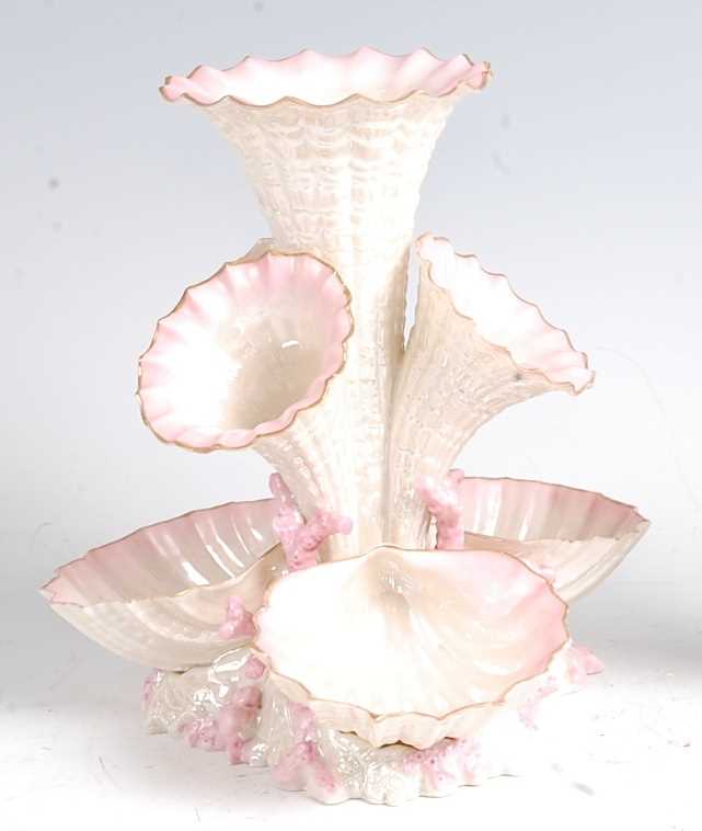 A second period Belleek porcelain Marine vase, having four trumpets over three conch-shells amidst - Image 3 of 3