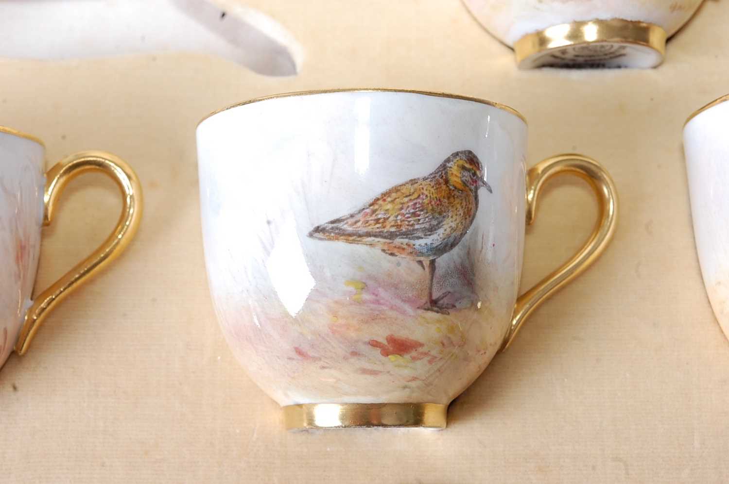 A Royal Worcester cased set of six porcelain coffee cans and saucers, each decorated with ducks - Image 6 of 13