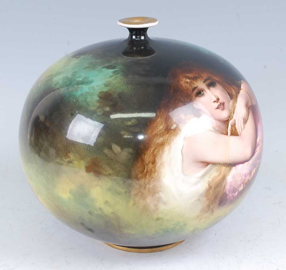A circa 1900 Royal Bonn soft-paste porcelain bulbous vase, decorated by J Duren of a young woman - Image 4 of 6
