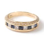 An 18ct yellow gold, sapphire and diamond half hoop eternity ring, comprising five square cut