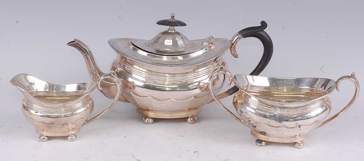A Walker & Hall silver three-piece tea set, in the early 19th century style, each piece of oval - Image 2 of 3