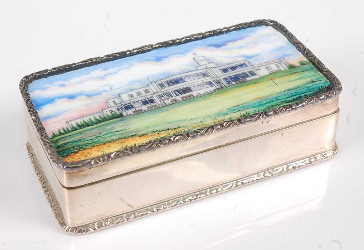 A Garrard & Co silver snuff box commemorating the Royal Birkdale Golf Club the hinged cover enamel