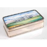 A Garrard & Co silver snuff box commemorating the Royal Birkdale Golf Club the hinged cover enamel