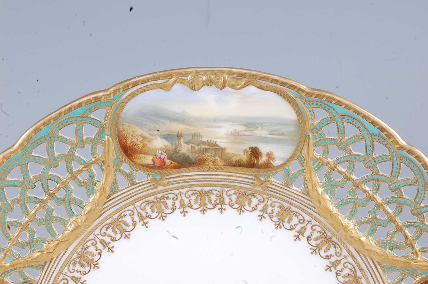 A mid-19th century Copeland porcelain cabinet plate, the reticulated flat rim finely decorated - Image 4 of 6