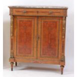 A circa 1900 French walnut and kingwood chiffonier, with gilt metal mounts, marble top over a single