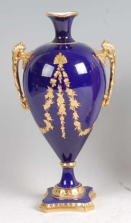 A Lynton Porcelain Co pedestal twin handled vase, of slender baluster form, polychrome enamel - Image 3 of 4