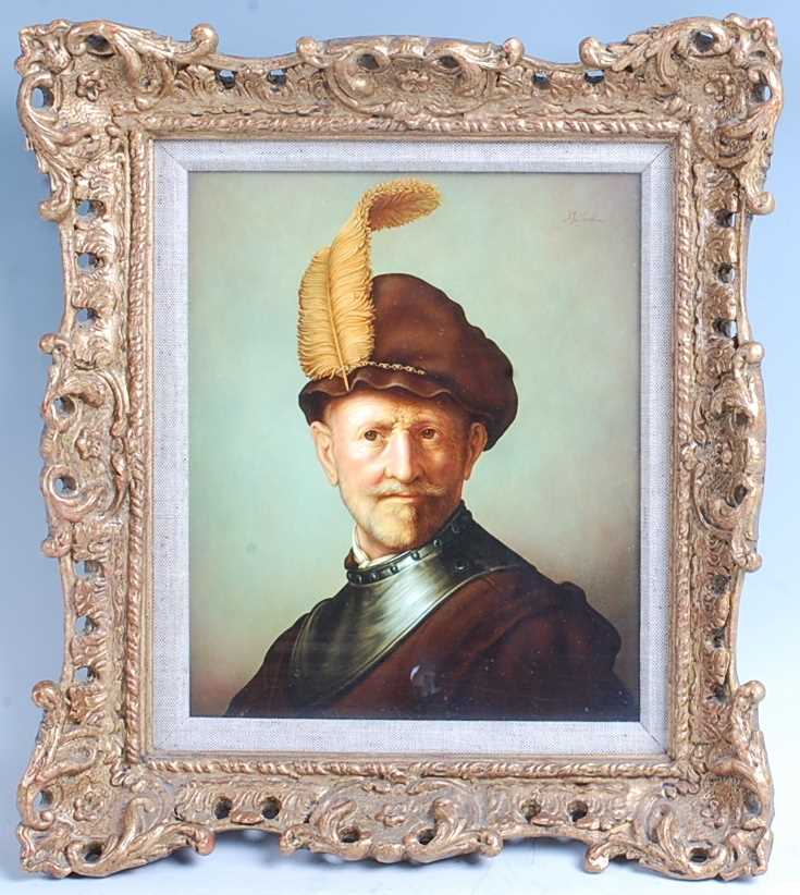 Alan R Telford - An officer, after Rembrandt, polychrome enamel on porcelain plaque, signed upper