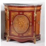 A French walnut and figured walnut vitrine, in the Louis XVI style, having a grey marble top, the