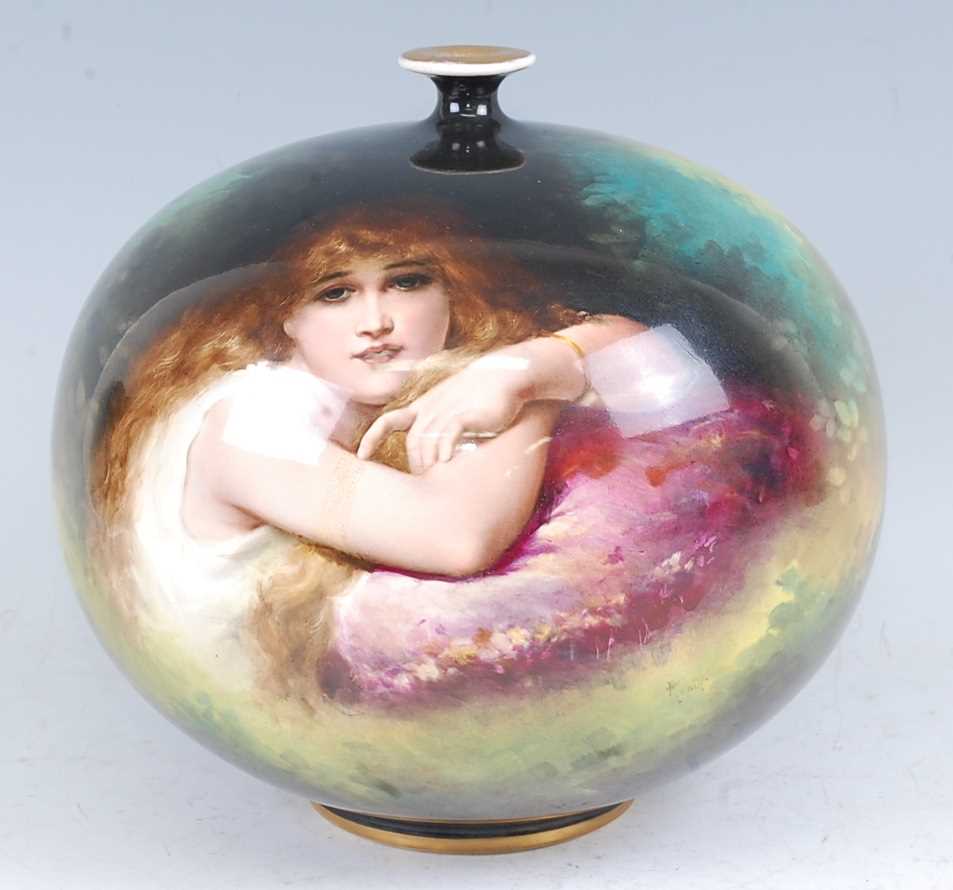 A circa 1900 Royal Bonn soft-paste porcelain bulbous vase, decorated by J Duren of a young woman