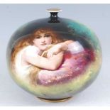 A circa 1900 Royal Bonn soft-paste porcelain bulbous vase, decorated by J Duren of a young woman