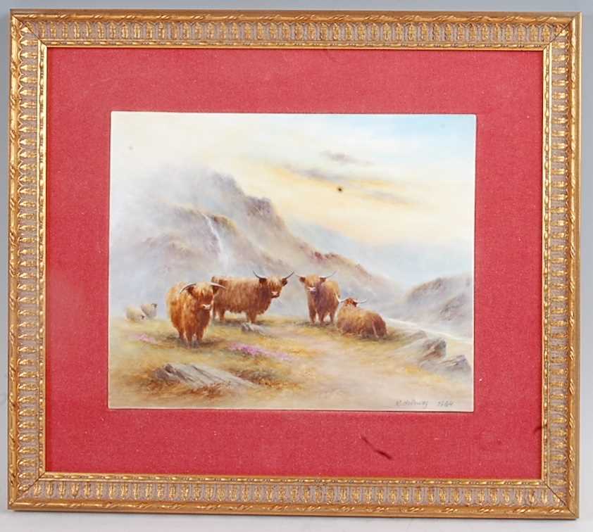 Milwyn Holloway - Highland cattle in a misty landscape, polychrome enamel porcelain plaque, signed - Image 2 of 4