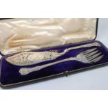 A cased pair of Victorian silver fish servers, in the Kings pattern, the knife having central