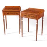 A pair of Regency style burr walnut, oak crossbanded, and feather strung lamp tables, each having