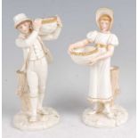 A pair of Worcester porcelain figures, modelled as a boy and girl with baskets, each heightened in