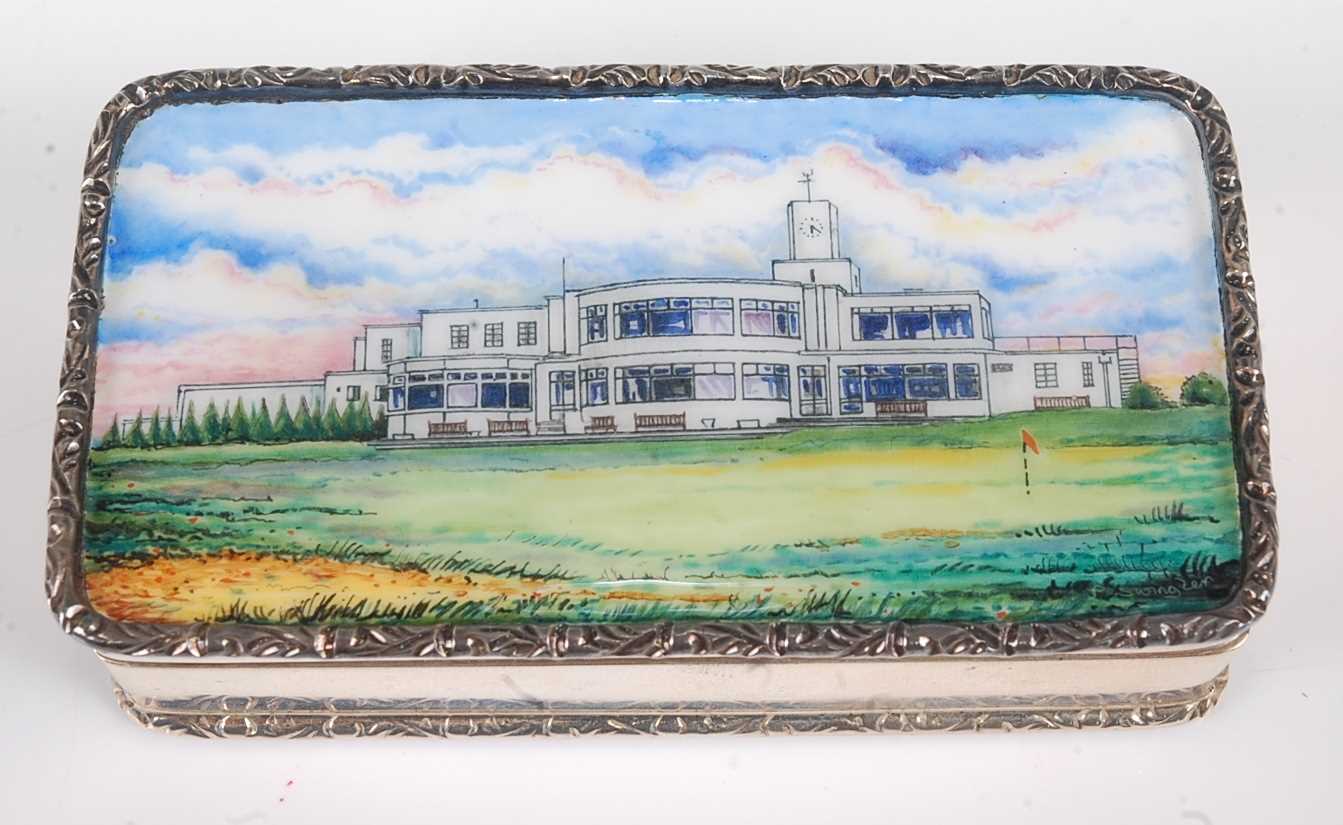 A Garrard & Co silver snuff box commemorating the Royal Birkdale Golf Club the hinged cover enamel - Image 3 of 6