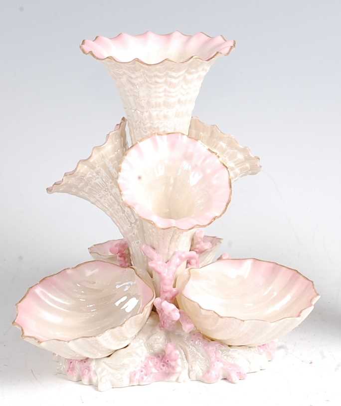 A second period Belleek porcelain Marine vase, having four trumpets over three conch-shells amidst - Image 2 of 3