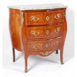 A French kingwood and marquetry inlaid bombe commode, in the Louis XV style, having a marble top and