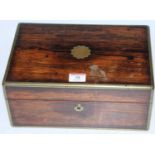 A Victorian rosewood and brass bound box (lacking interior), width 28cm