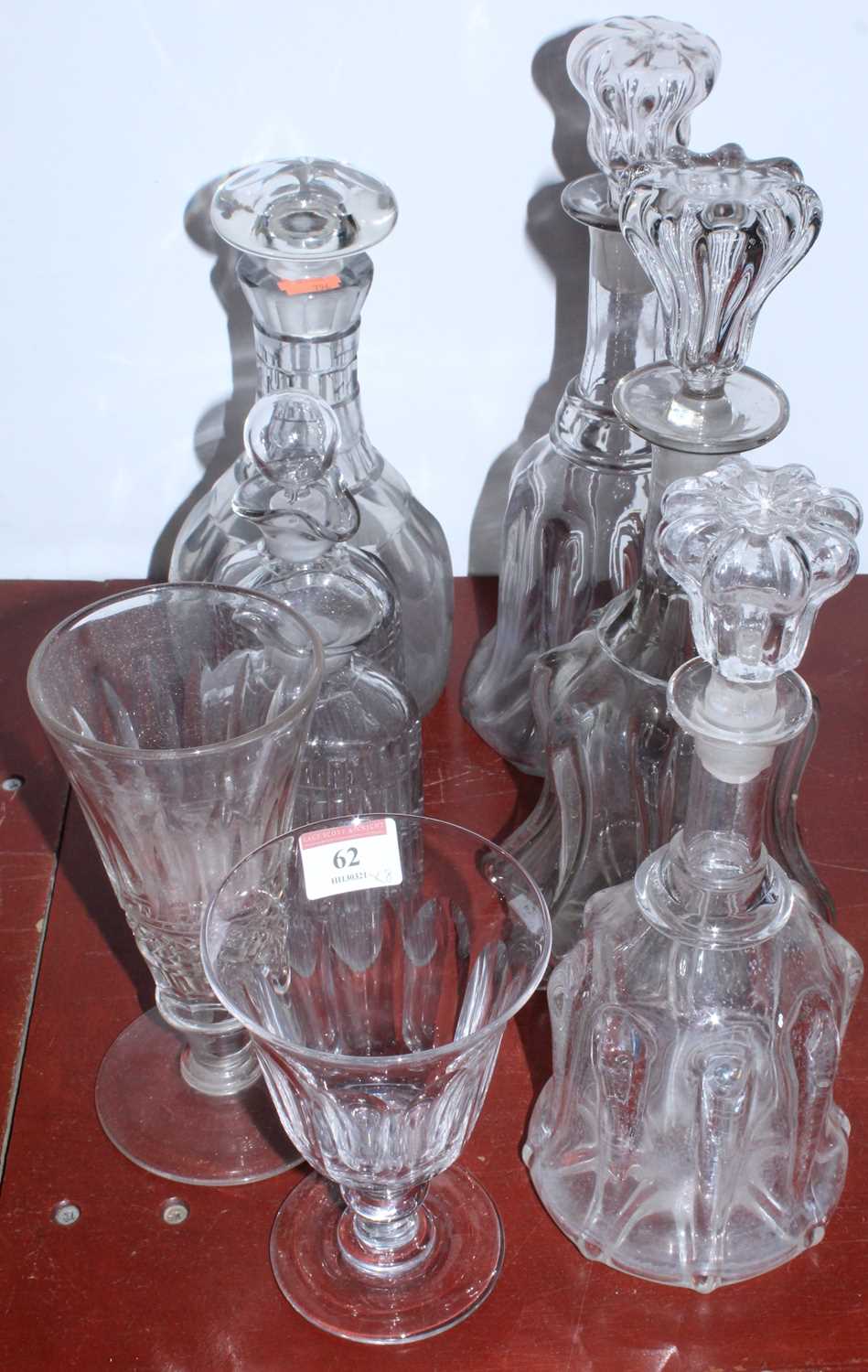 A collection of glassware to include Regency style decanter with mushroom stopper, large glass