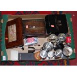 A box of miscellaneous items to include rosewood mother of pearl inlaid unfitted box, pewter