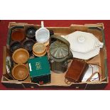 A box of miscellaneous items to include a green painted signal lamp, English pewter tankard,