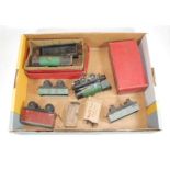 A collection of 0 gauge locomotive and rolling stock to include No. 1 crane truck etc.