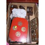 A box of miscellaneous items to include a Victorian bookslide, lacquered box and beech tray