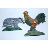 A reproduction cast iron doorstop in the form of a cockerel, height 30cm, together with one other in