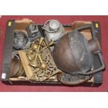 A box of miscellaneous metal wares to include brass candlesticks, trivet, lantern etc