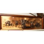 Khwezi - Elephants in the Savannah, copper relief panel, 44 x 150cm