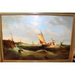 Circa 1900 Dutch school - Sailing boats in choppy seas, oil on canvas, 50 x 76cm