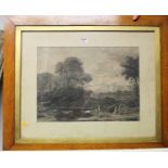 A pair of Victorian monochrome engravings depicting travellers and a rural landscape, each 36 x