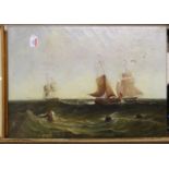 19th century school - Sailing barges in choppy seas, oil on canvas (heavily restored and re-