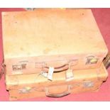 Two vintage stitched brown leather suitcases, the largest w.66cm