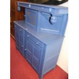 An oak and later blue painted court cupboard, width 141cmCondition report: Some small areas of paint