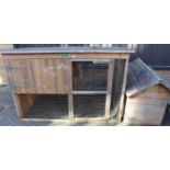 A Fishers Woodcrafts panelled pine and wirework chicken house, width of main compartment 193cm