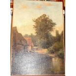 19th century French school - Farmyard scene with cattle on a riverbank at sunrise, oil on canvas,