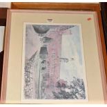 An oak framed and bevelled wall mirror; together with a Dennis Flanders print of Sutton Vallance